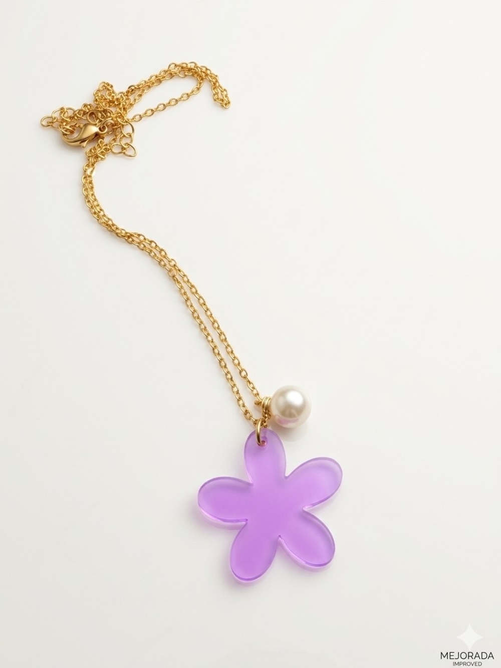 Stainless Steel Chain Necklace with Purple Flower Pendant and Pearl